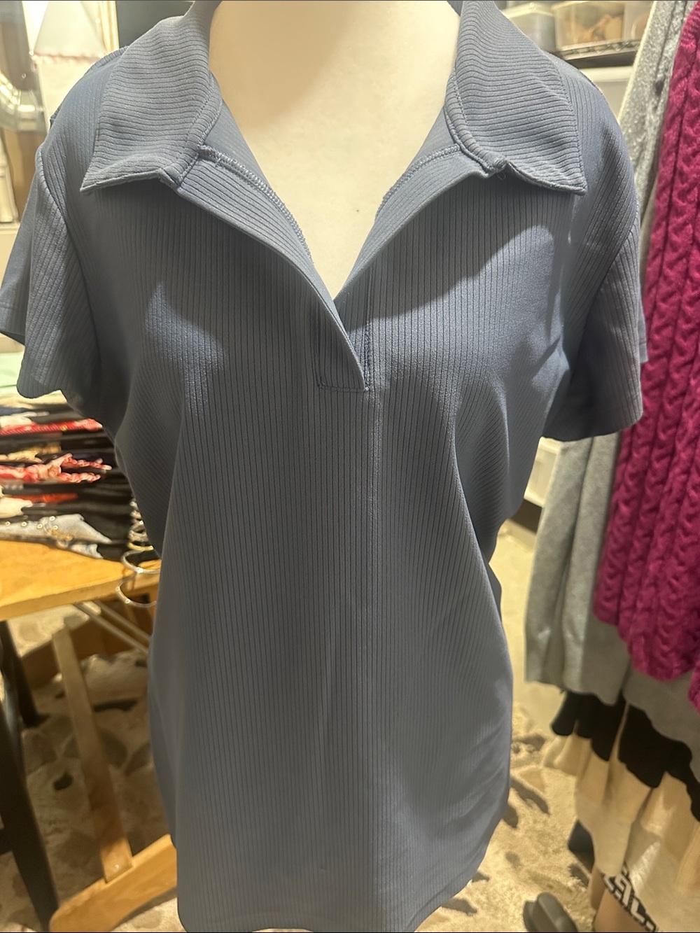 CALIA by Carrie Underwood Short Sleeve Ribbed Polo Top in Dusty Blue